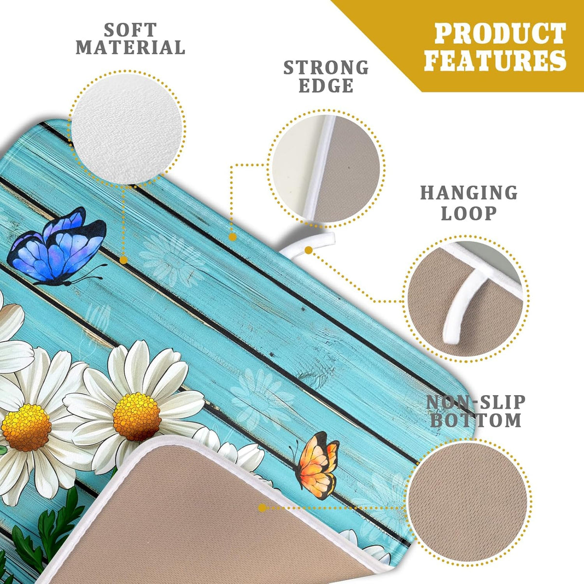 Spring Daisy Floral Dish Drying Mat for Kitchen Counter 16x18in Turquoise Daisy Old Wooden Board