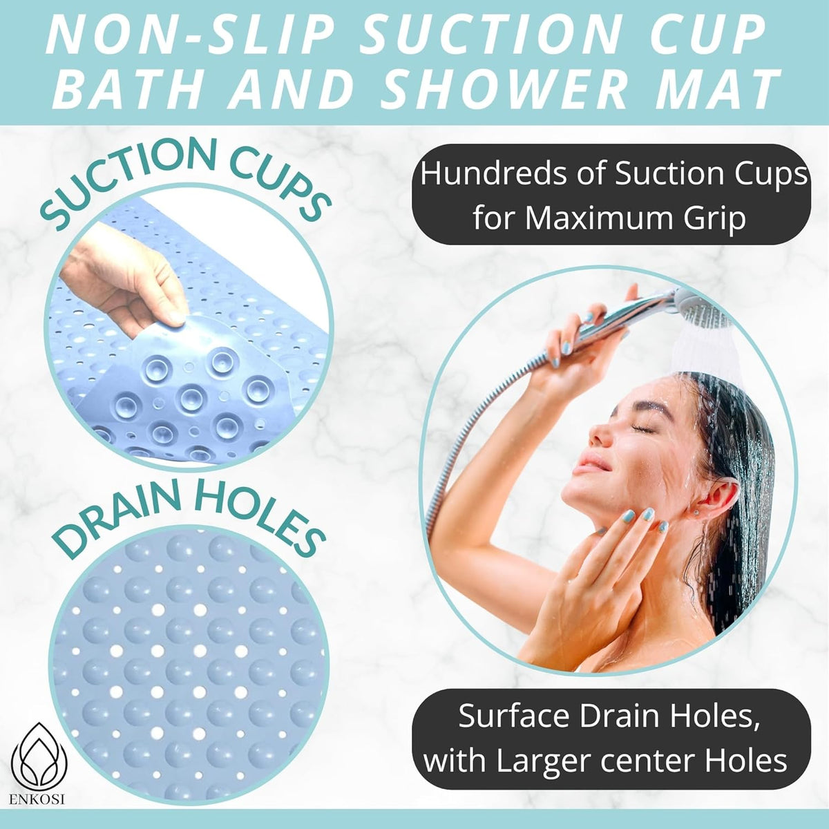 ENKOSI Non-Slip Bath Mat - Extra Long 40 x 16 Inch Large Anti-Slip Tub & Shower Mat with Suction
