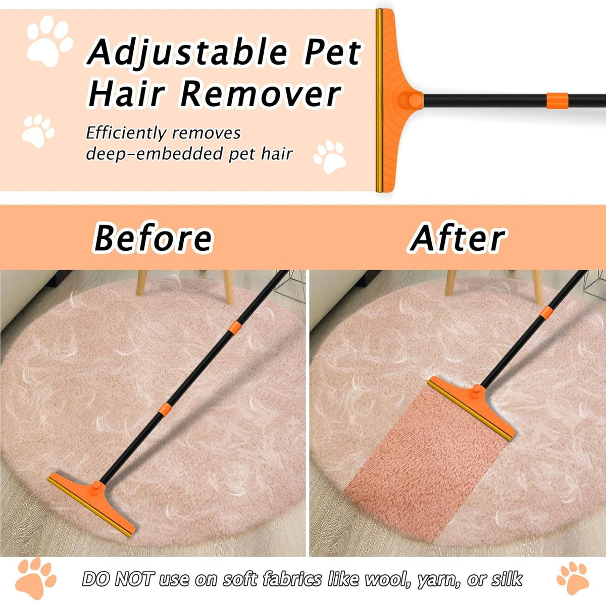 Carpet Rake for Pet Hair Removal - Reusable Pet Hair Remover, 60” Adjustable Long Handle Cat Dog