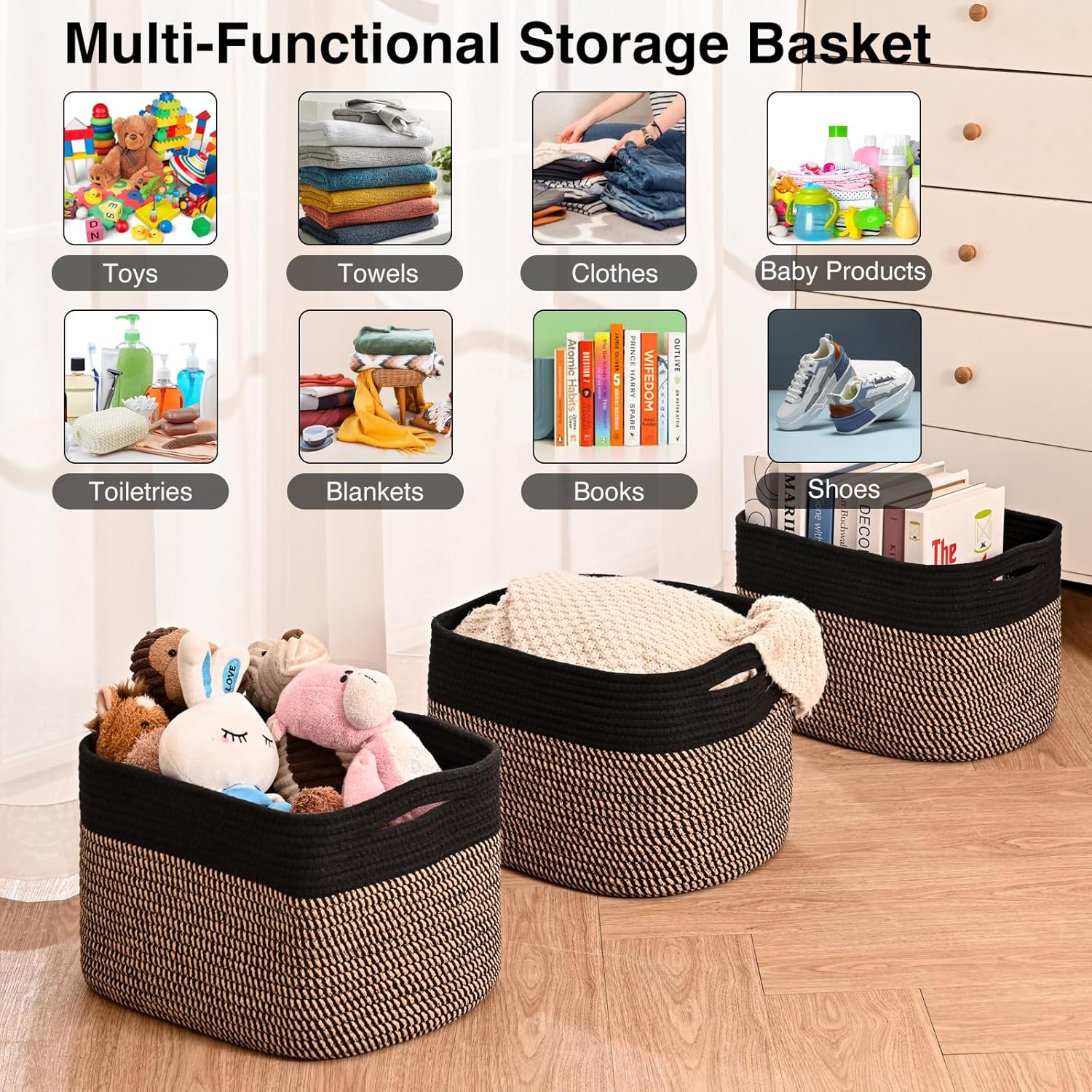 Storage Baskets for Organizing Shelves, Toy Basket for Kid's Room, Woven Cotton Rope Basket for