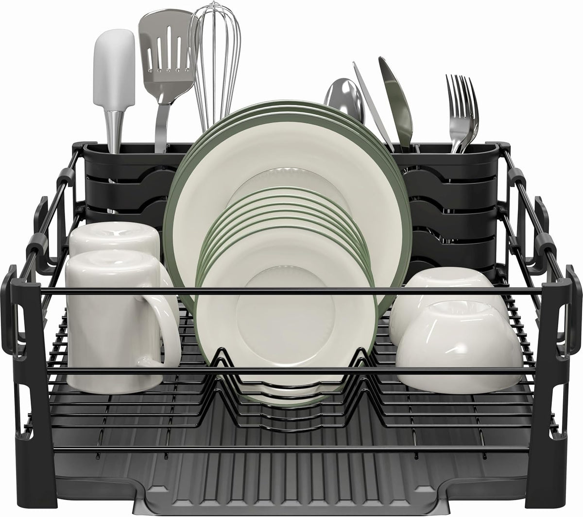 SIMPLE HOUSEWARE Dish Drying Rack with Drainboard, Utensil Holder & Mug Hooks, Black Metal Kitchen