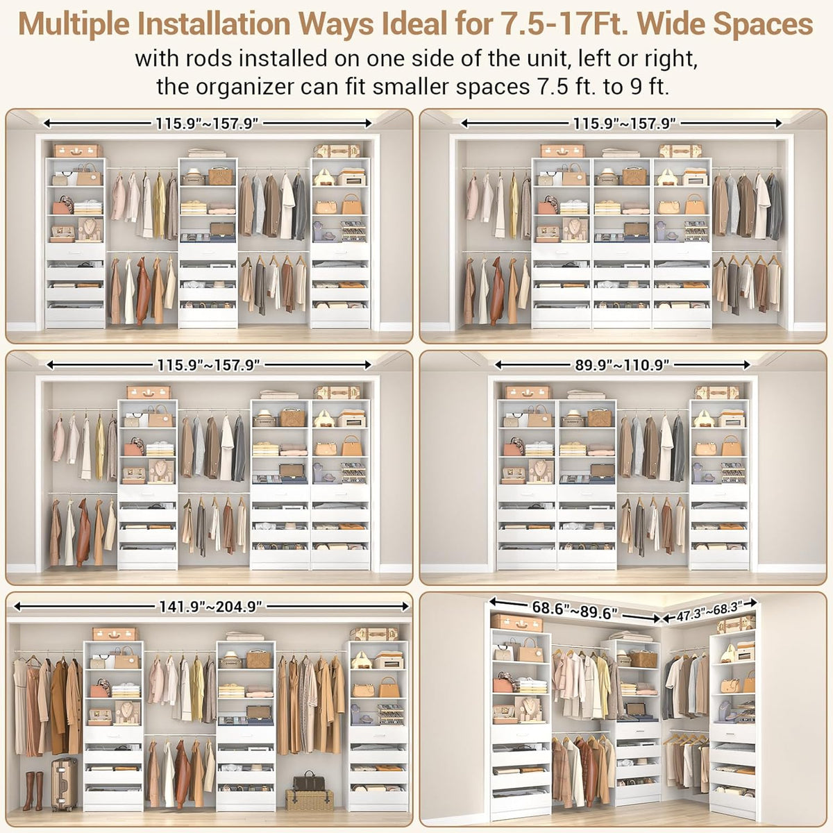 Aheaplus Closet System with 12 Drawers, 8.5-11.5Ft Wood Closet Organizer System with 4 Hanging Rods