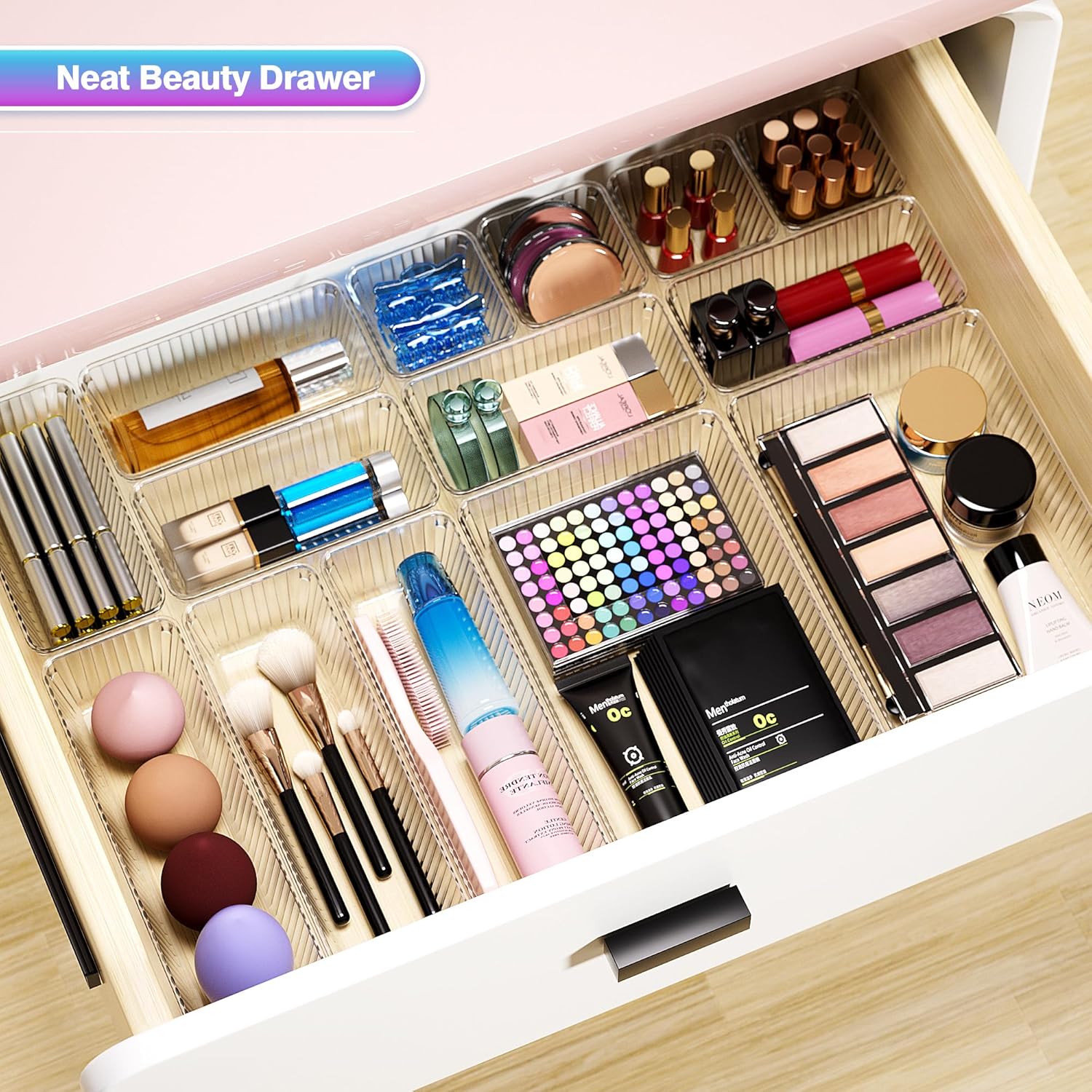 15 PCS Clear Plastic Drawer Organizer Set - 4 Sizes Makeup Organizer Desk Drawer Divider Bathroom