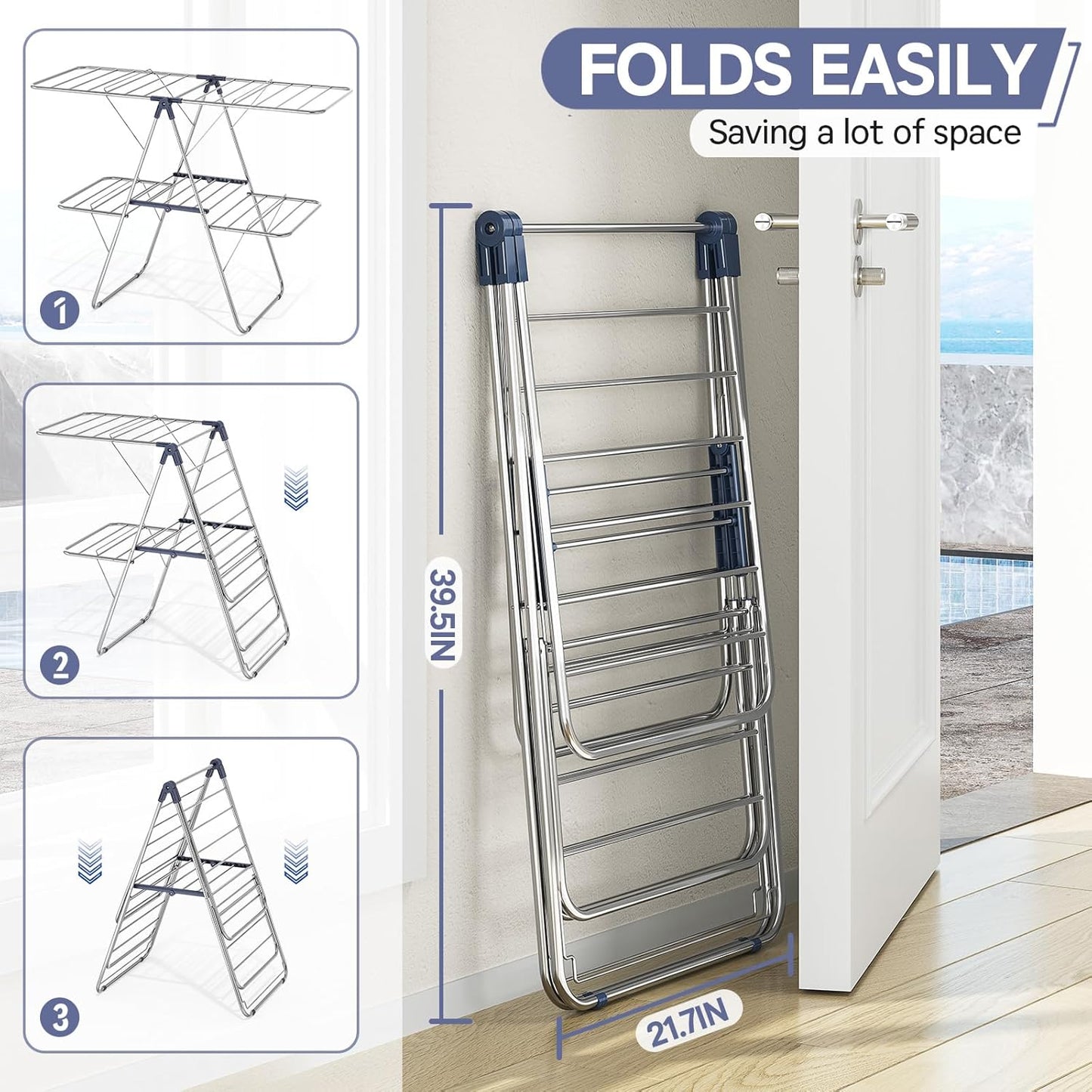 APEXCHASER Clothes Drying Rack with 4 Wings, Stainless Steel Drying Rack Clothing with
