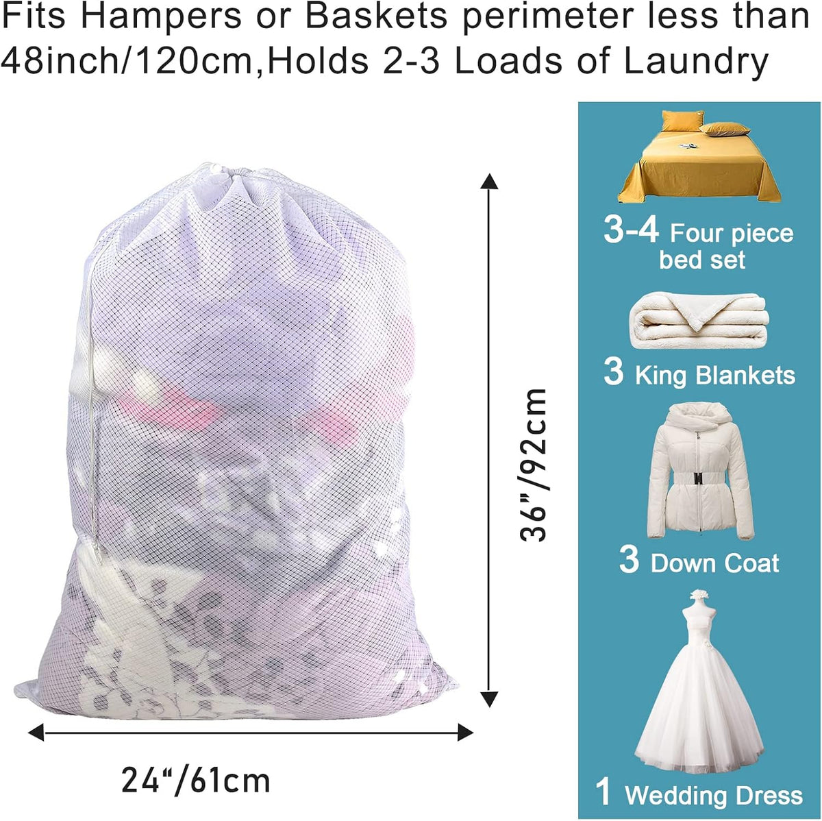 Polecasa Extra Heavy Duty Large Diamond Mesh Laundry Bags with Drawstring Closure & ID Tag, 24 x 36