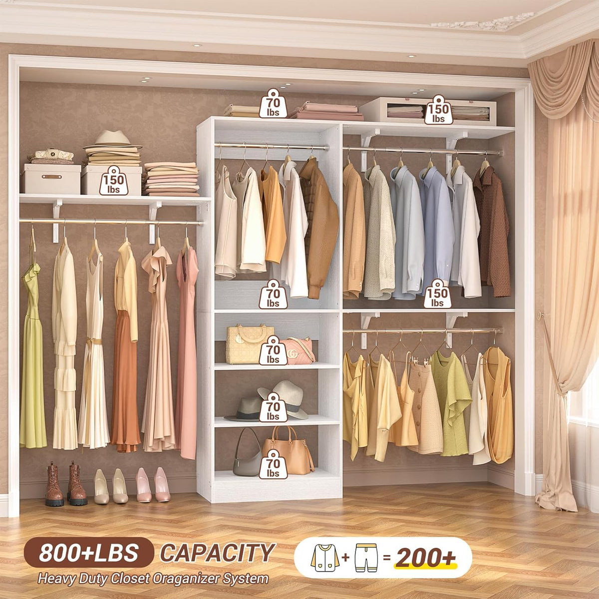 8FT Closet System with Shelves, 96'' Closet Organizer System with 3 Hanging Rods, Wall Mount