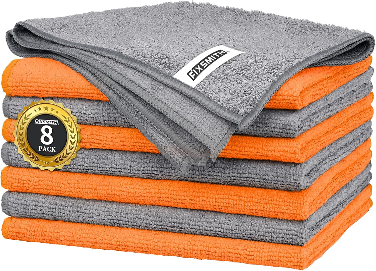 FIXSMITH Microfiber Cleaning Cloth -Pack of 8, Highly Absorbent Cleaning Rags(Grey&Orange), 16"X12"