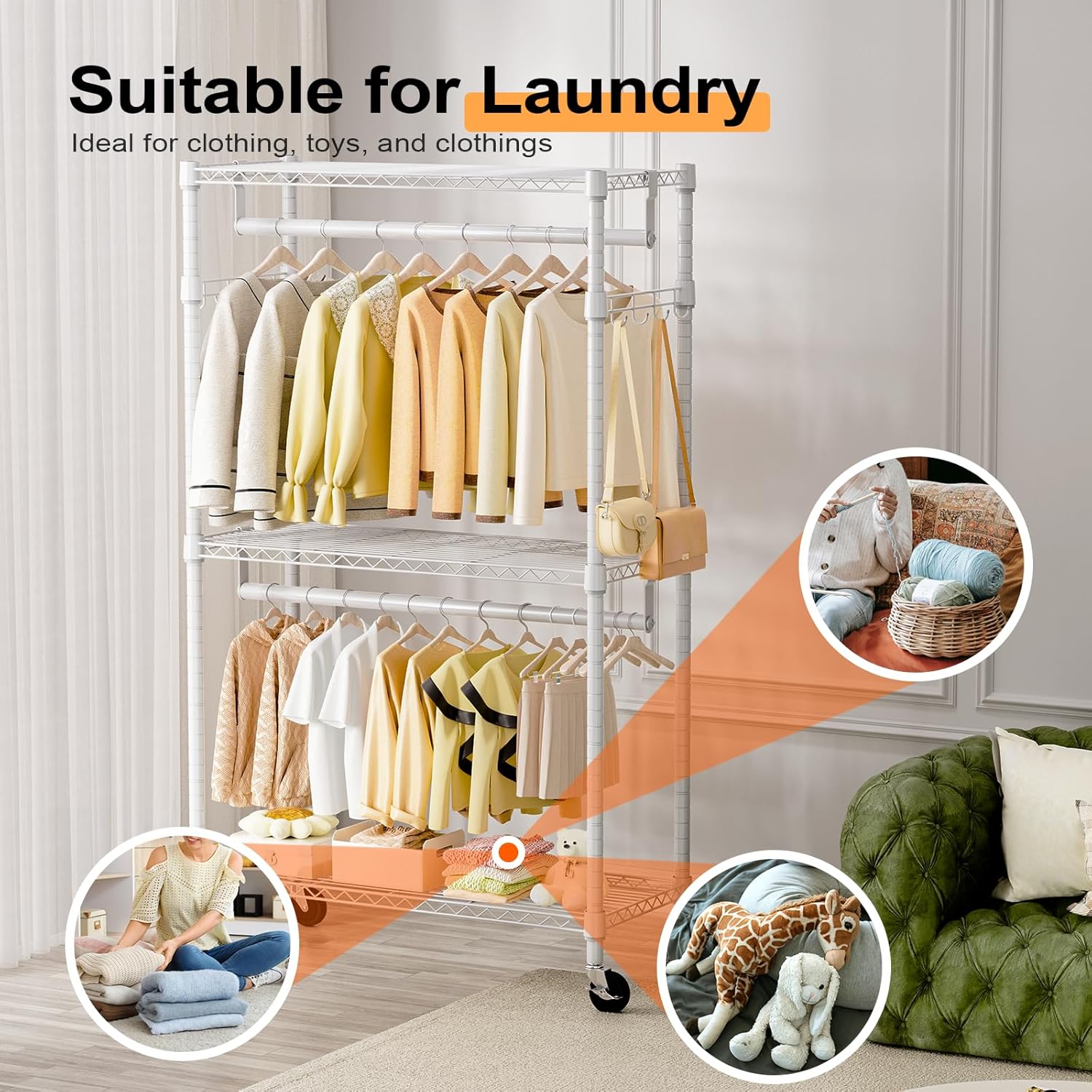 Heavy Duty Rolling Garment Rack 3 Tiers Adjustable Wire Shelving Clothes Rack with 2 Rods and Side