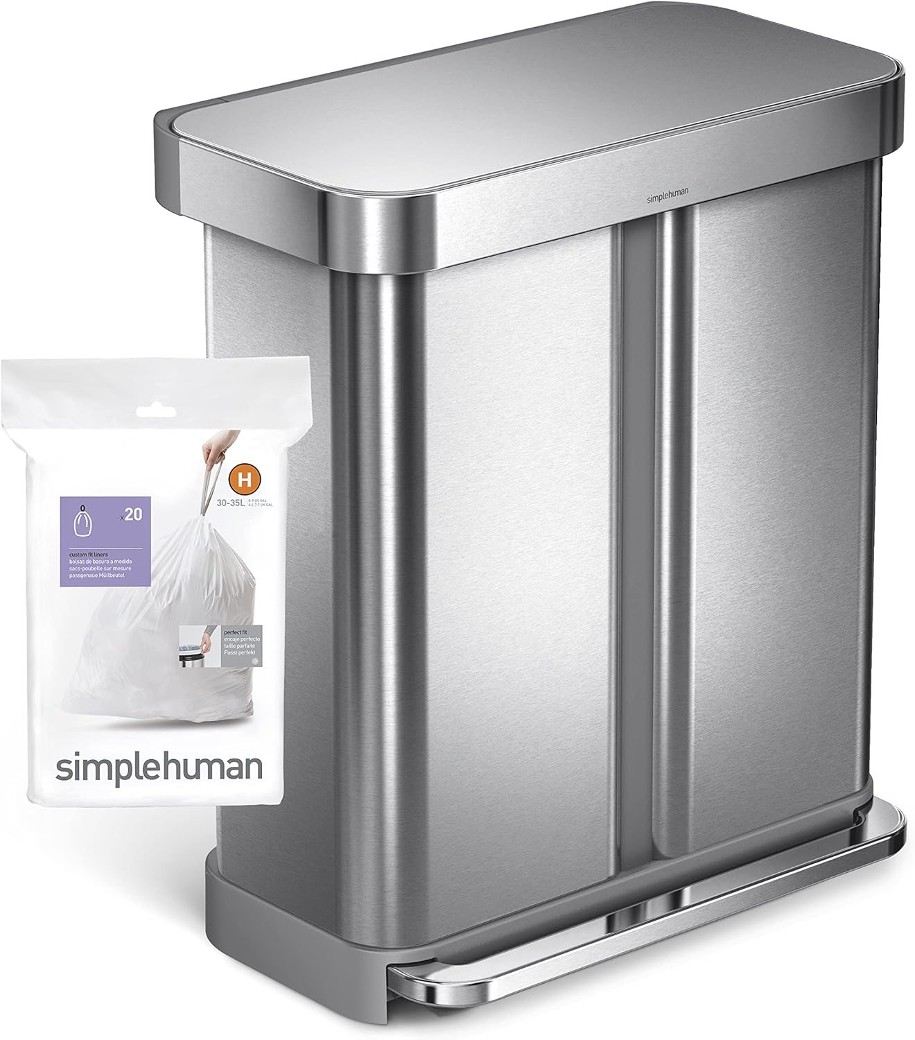 simplehuman Code H 60 Count, Dispenser Pack Custom Fit Liners, Drawstring Trash Bags, 30-35 Liter /