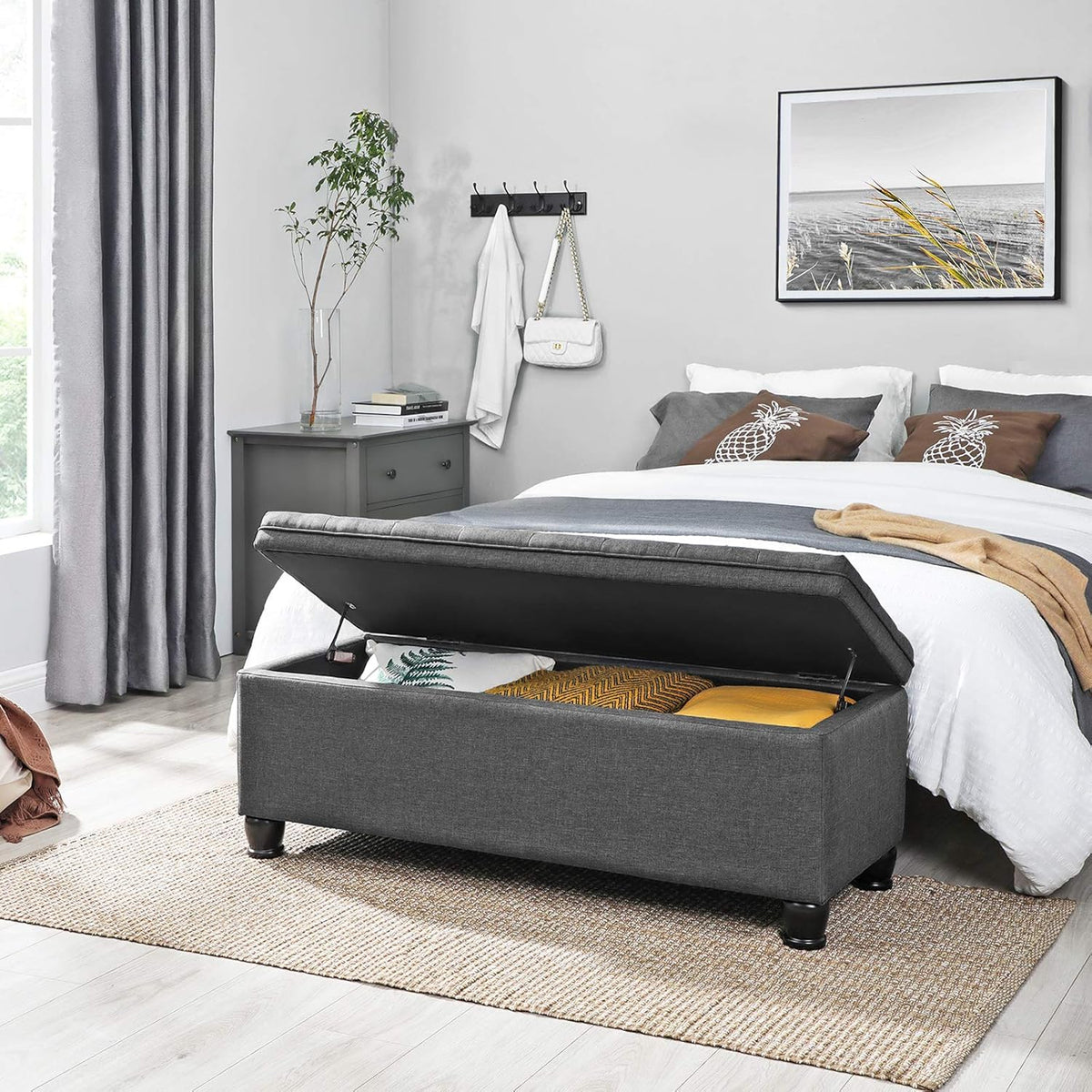 SONGMICS Storage Ottoman, Storage Bench, Tufted Entryway Bedroom Bench, 17.7 x 46.5 x 17.7 Inches