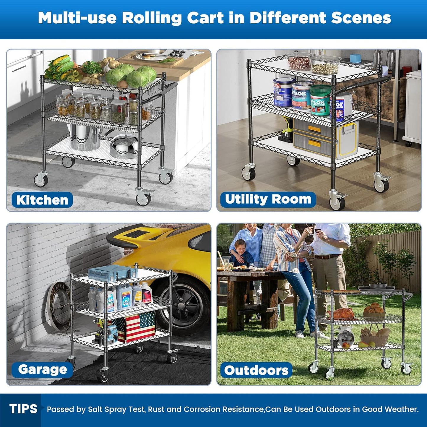 Leteuke 3 Tier Rolling Carts with Wheels,990Lbs Heavy Duty Rolling Utility Cart,NSF Commercial