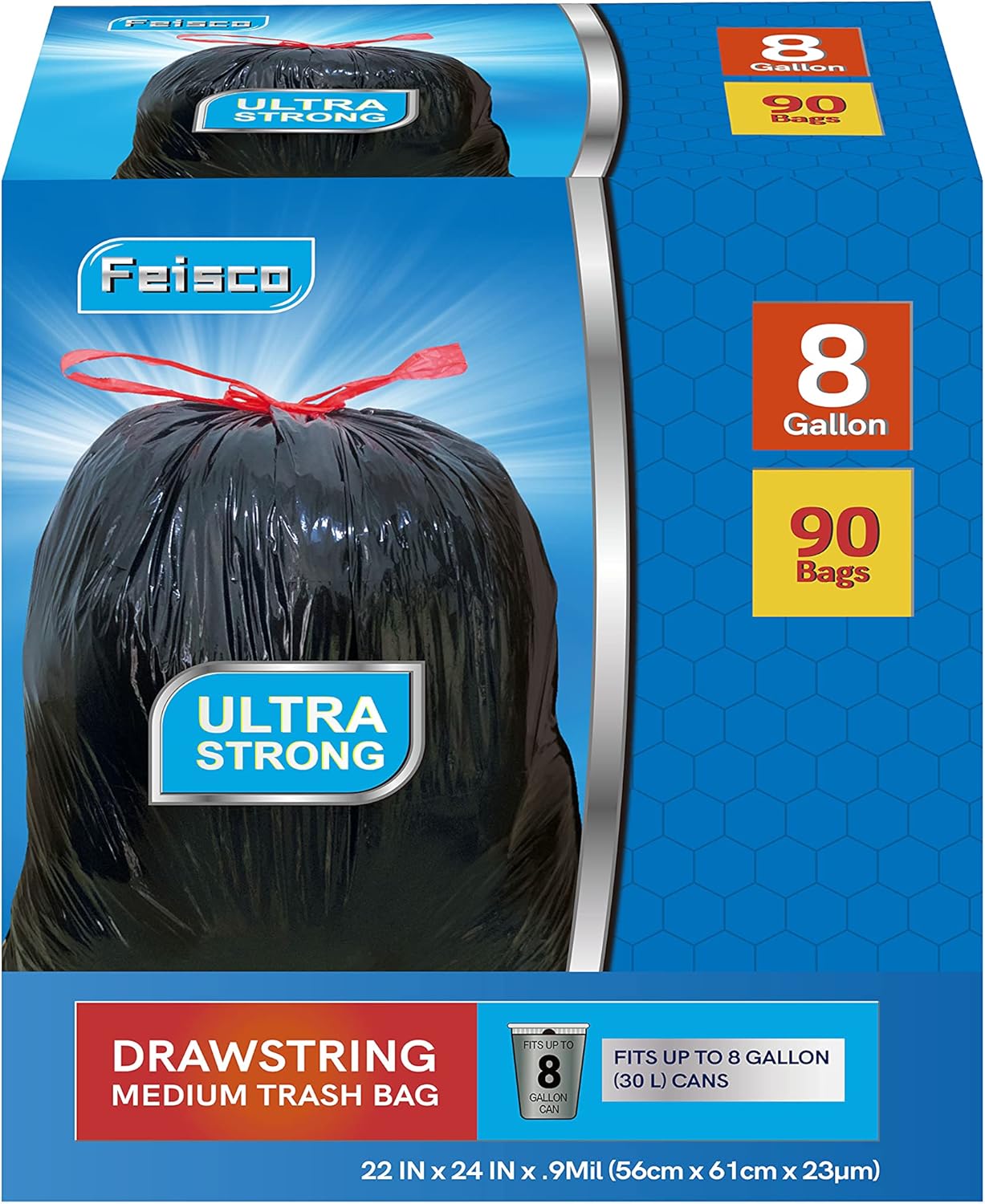 Feisco 8 Gallon Black Trash Bag,30L Drawstring Garbage Bag Trash Can Liner,90 Counts,0.9 Mil (8