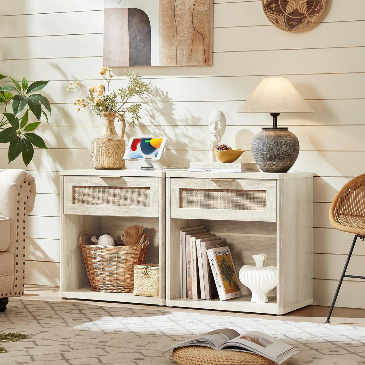 LEYAOYAO Rattan Nightstands Set of 2 with Charging Station, 23" Wide Boho Night Stand with Drawer