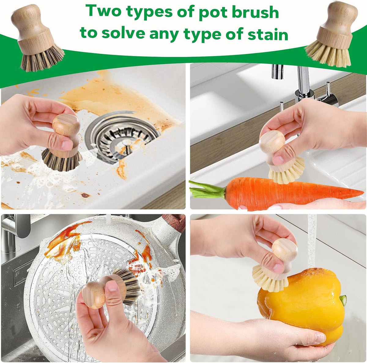 Bamboo Dish Brush Set - 5 Packs Natural Wooden Kitchen Brush, 4 Dish Scrubbers with One Replacement