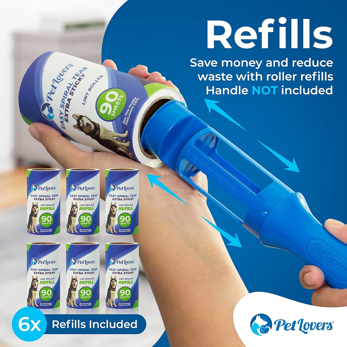 PetLovers Extra Sticky Lint Roller 6 Pack of Refills Only - No Handle Included - 90 Sheets Per