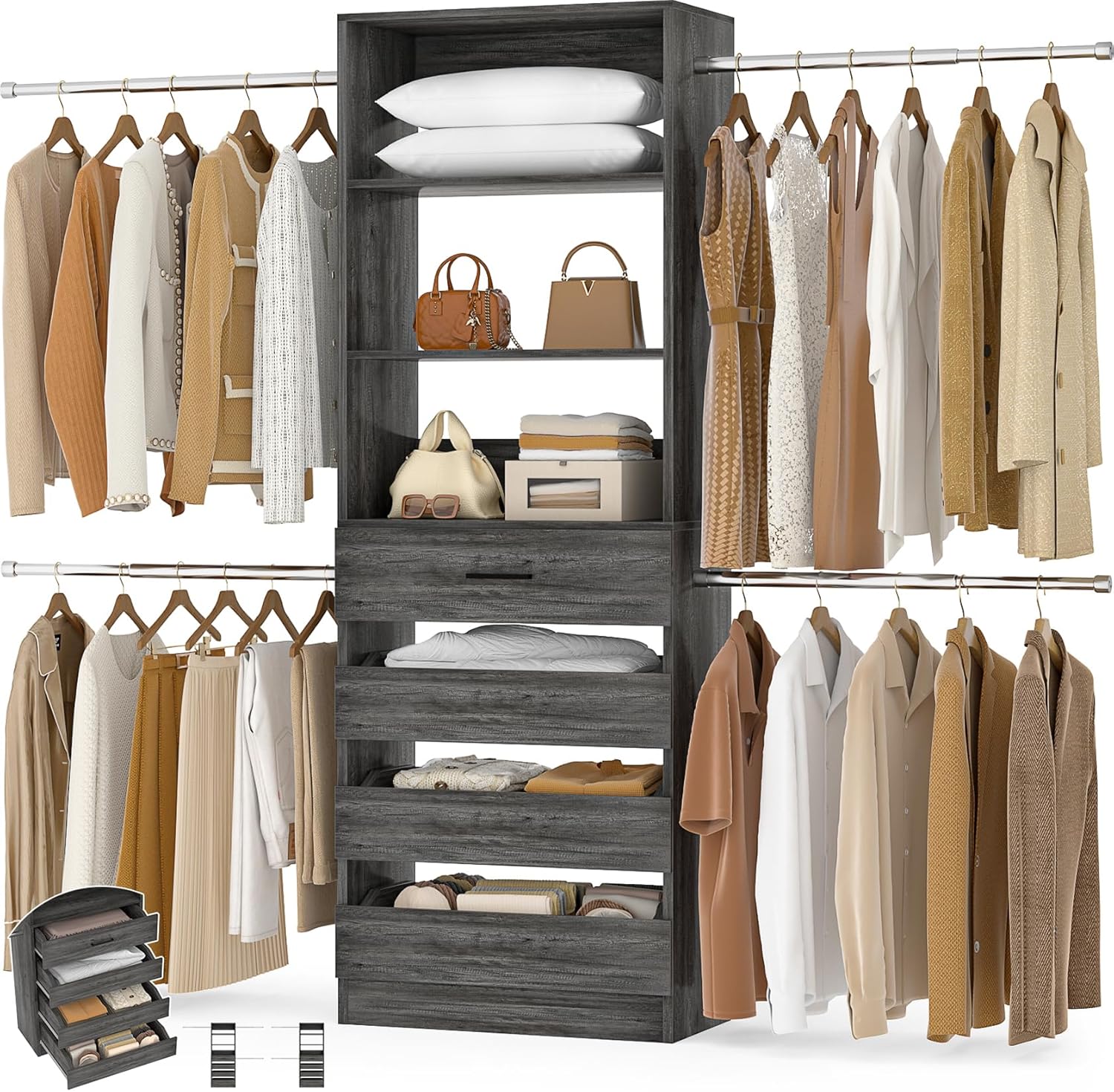 Aheaplus Closet System, 4-9 Ft Closet Organizer with 4 Wooden Drawers, Wood Closet Organizer System