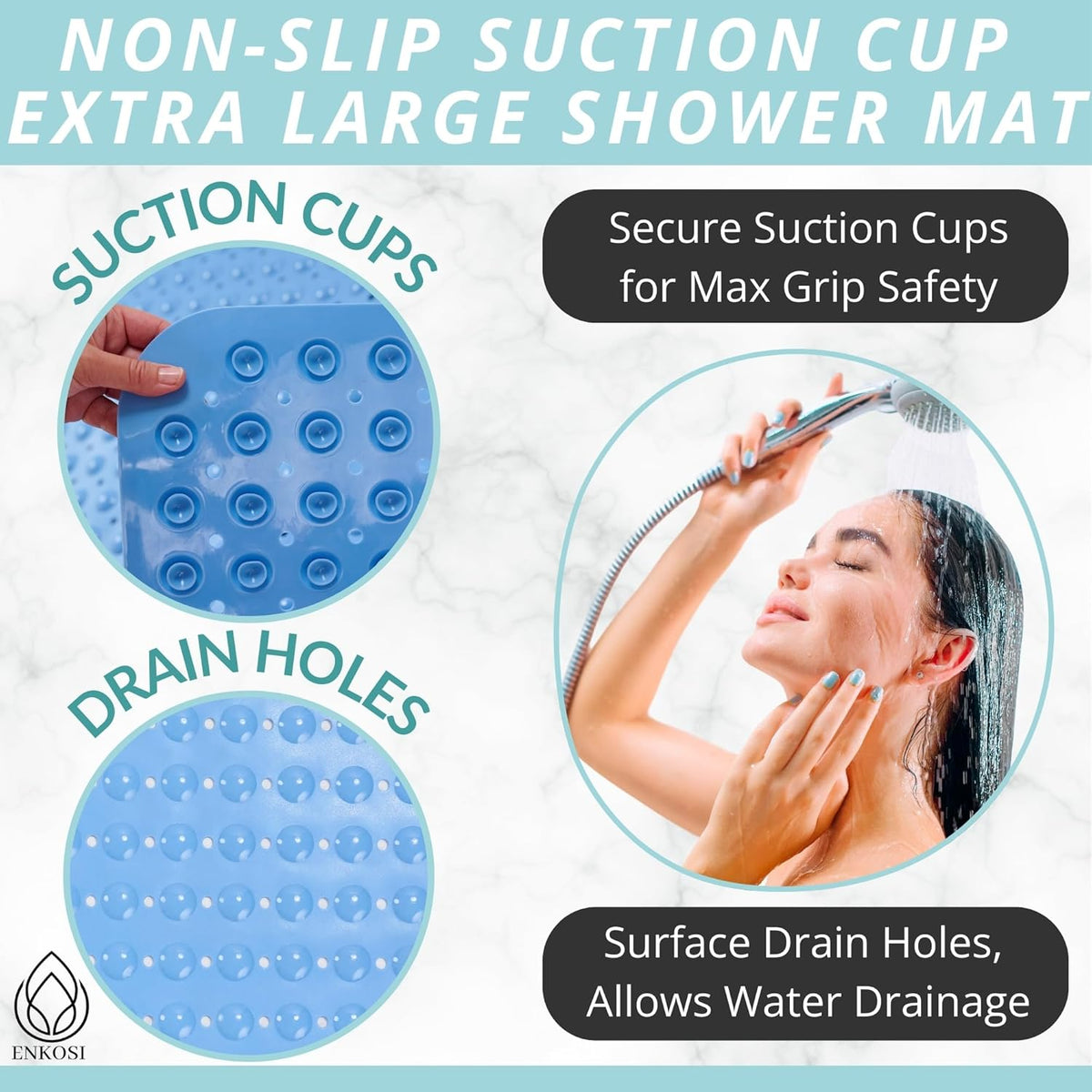 ENKOSI Extra Large Shower Mat Non Slip - 47 x 32 inch - XL Bathroom Shower Mat - Large Shower Matts
