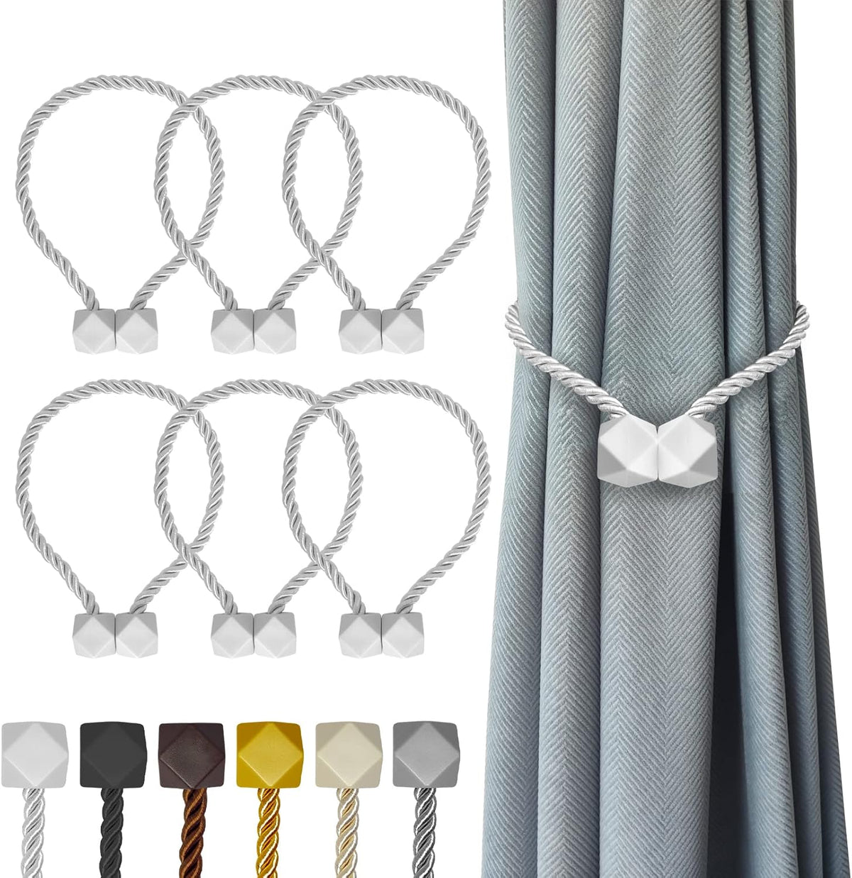 Hion Magnetic Curtain Tiebacks White 6 Pack, Curtain Tiebacks Buckles Holdbacks Holders Hooks Clip