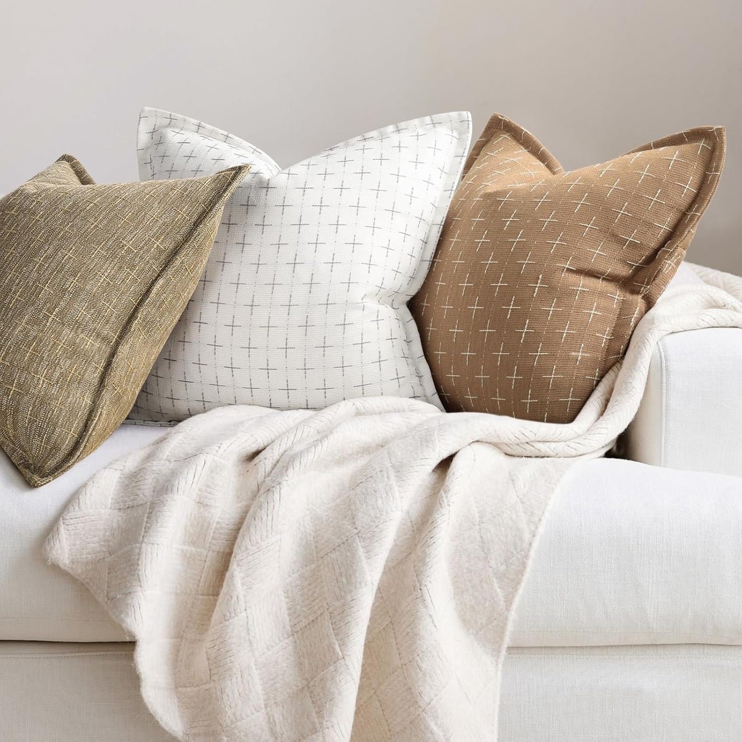 ZWJD Throw Pillow Covers 16x16 Set of 2 Soft Polyester Textured Pillow Covers with Stylish Flange