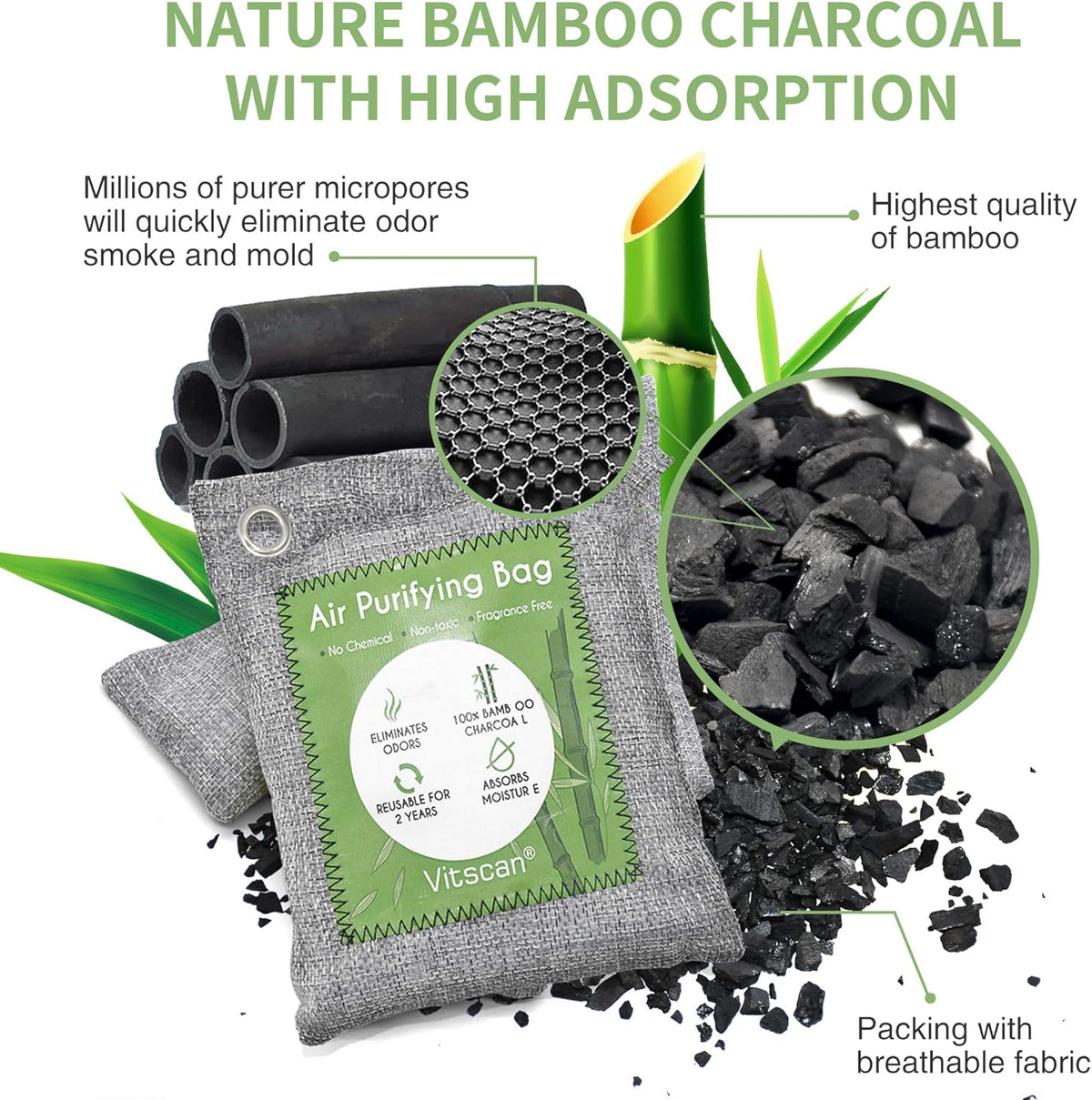 8 Pack Bamboo Charcoal Air Purifying Bag, Activated Charcoal Bags Odor Absorber, Moisture Absorber