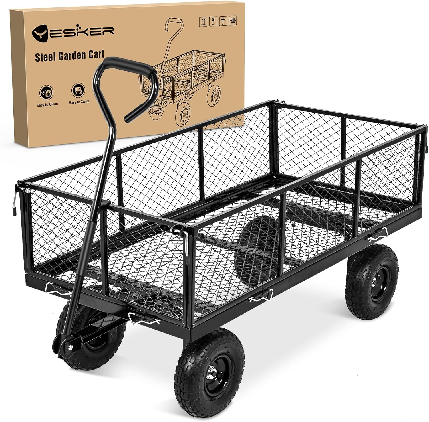 Yesker Steel Garden Carts - 1100lbs Dump Wagon with All Terrain Inflatable Wheels for Yard Lawn
