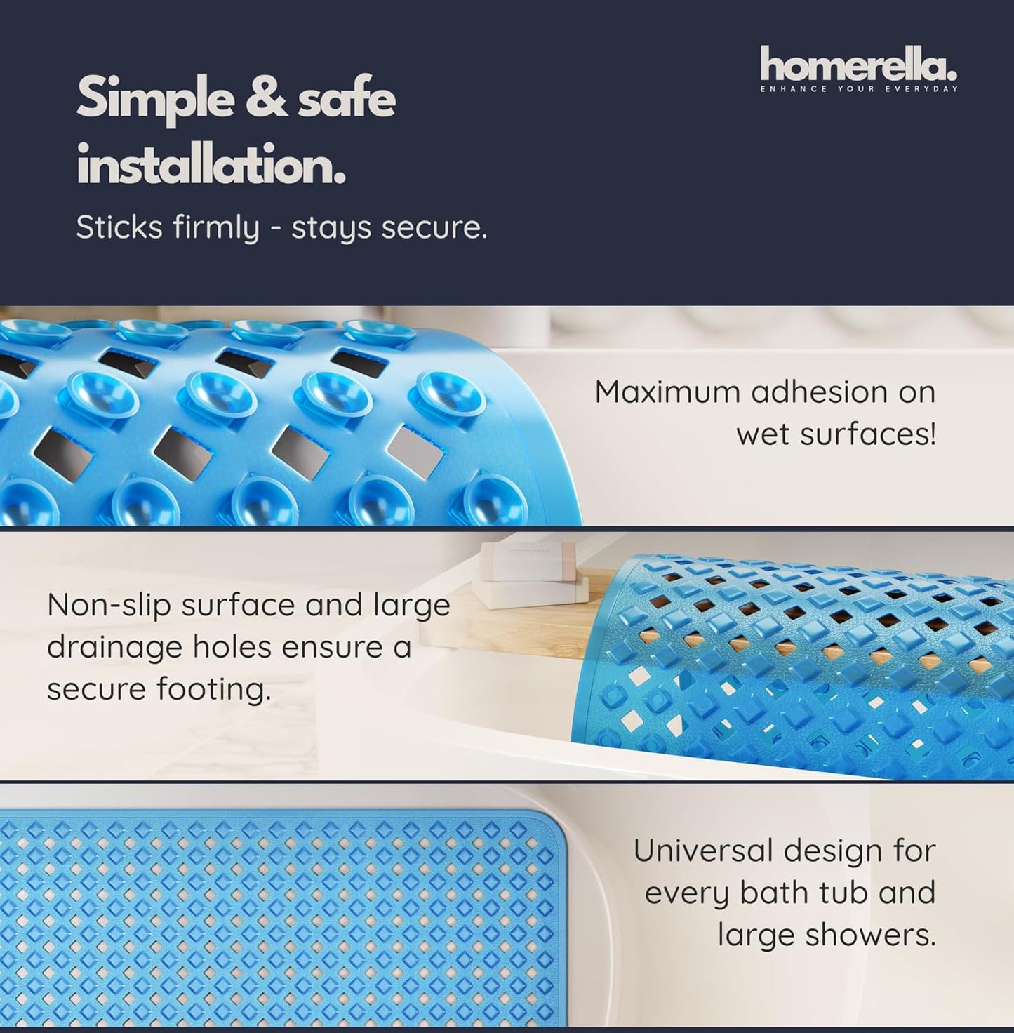 homerella® Bathtub Mat Non Slip 35x16, Incl. Hooks for Drying, Extra Long, 100% BPA Free, Shower