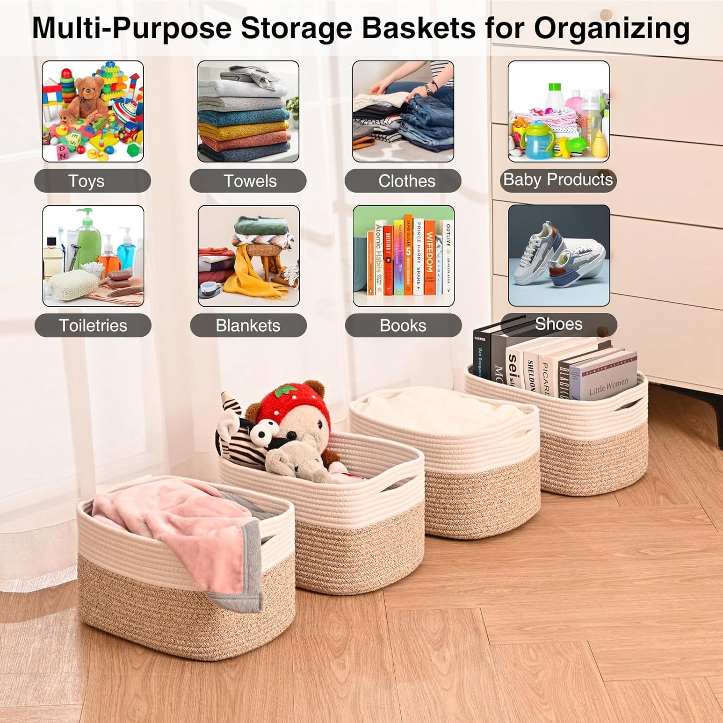 Small Storage Baskets for Organizing, Woven Storage Baskets for Shelves, Cotton Rope Basket for