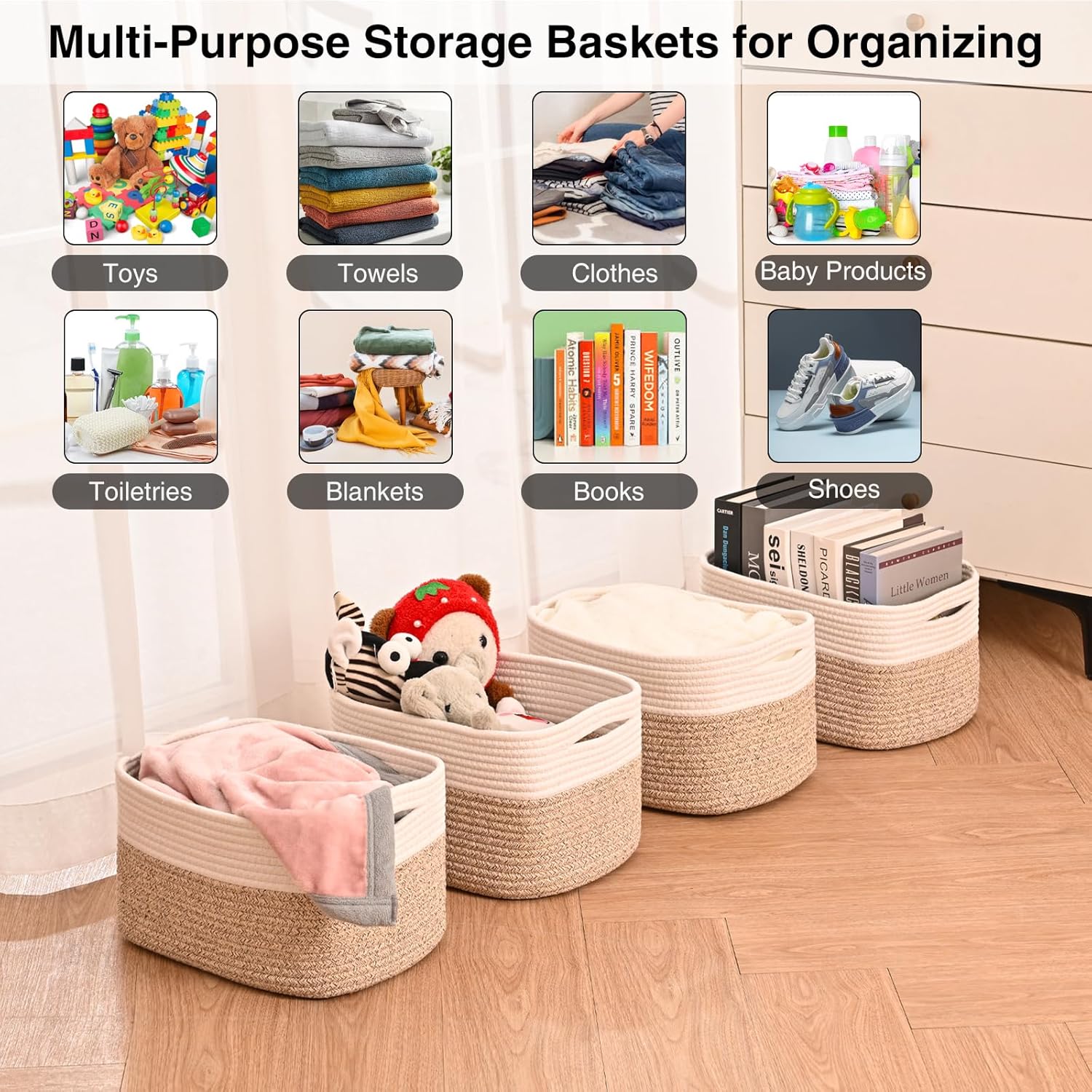 Small Storage Baskets for Organizing, Woven Storage Baskets for Shelves, Cotton Rope Basket for