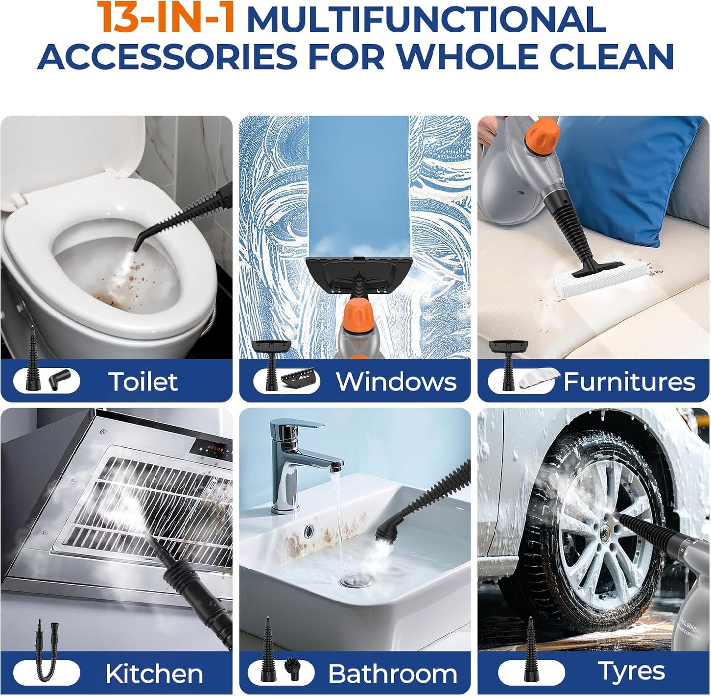 LABIGO Steam Cleaner, Pressurized Handheld 13pcs Multi-Purpose Natural Deep Cleaning Steamer