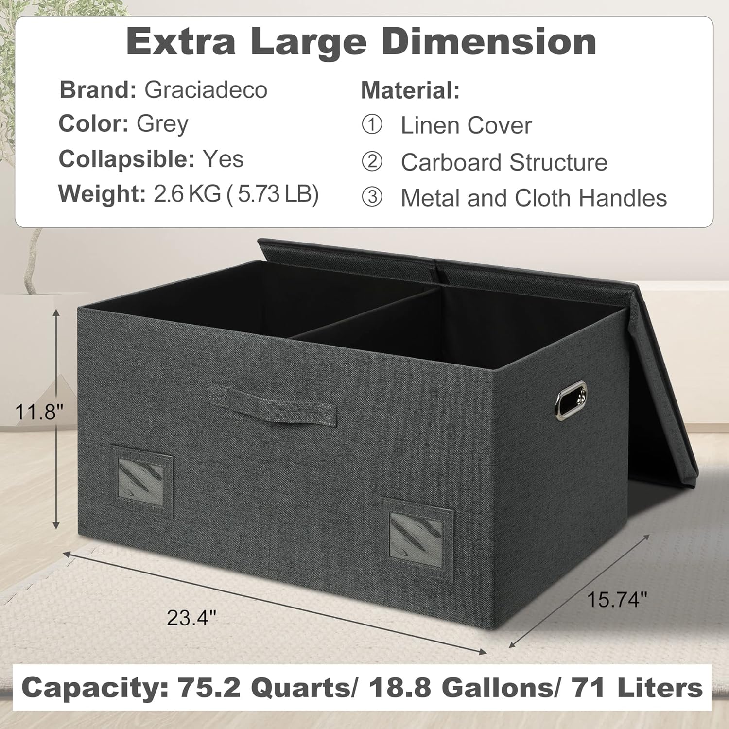 75 Quarts Extra Large Decorative Storage Bins with Lids, 3 Packs Dark Gray Collapsible Storage Bins