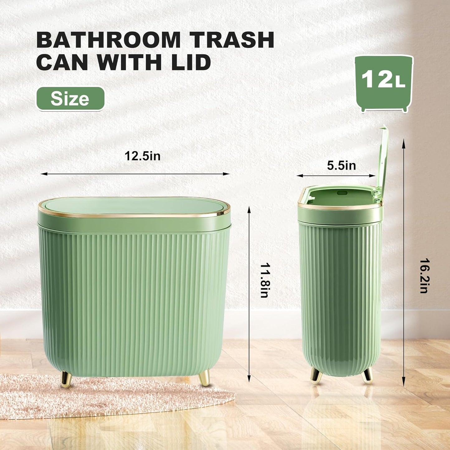 Bathroom Trash Can with Lid 3.2 Gallon Narrow Trash Can Small Plastic Trash Bin 12 Liter with Press