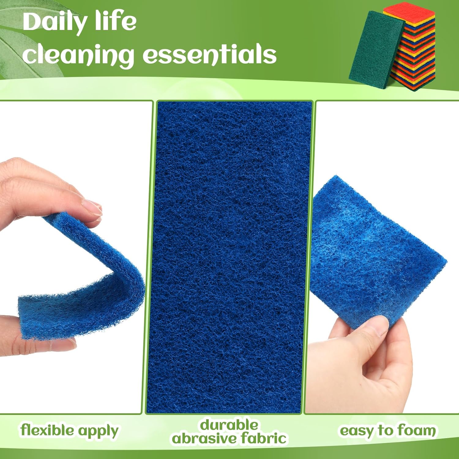 Hoolerry 100 Pcs Heavy Duty Scouring Pads Non Scratch Household Scrub Pads for Cleaning Reusable