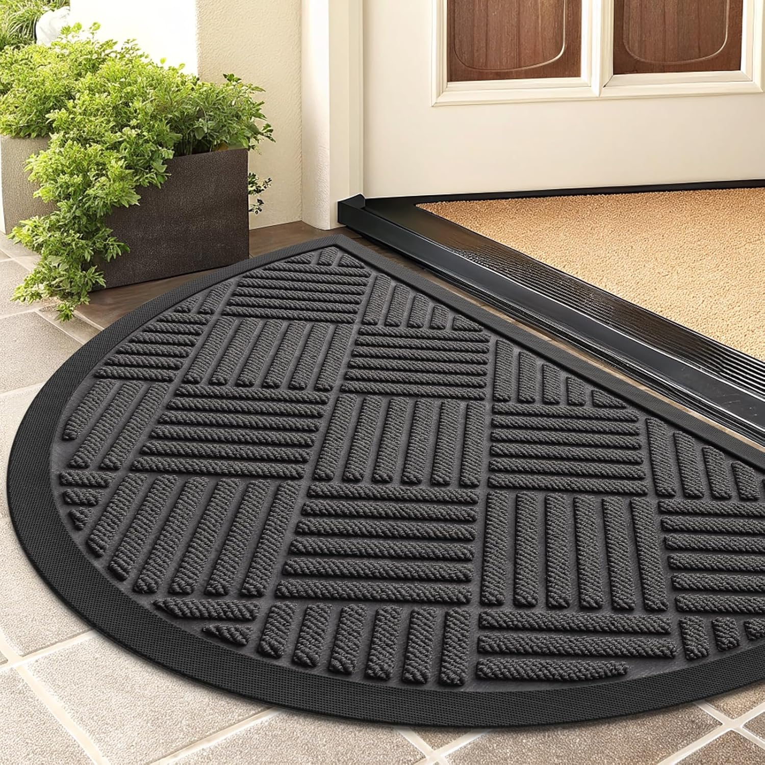 Smiry Half Circle Front Door Mat Outside Entrance, Heavy Duty Outdoor Indoor Natural Rubber