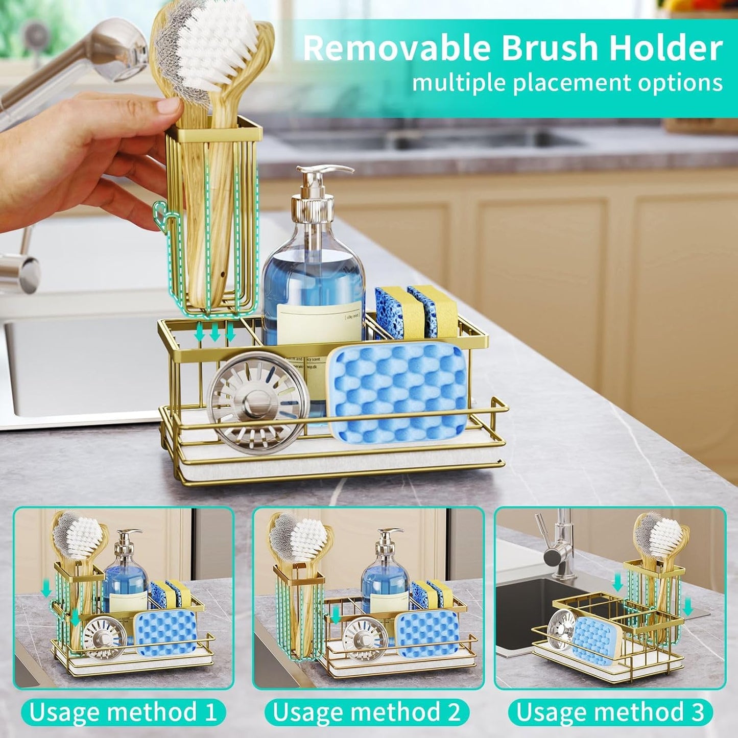HapiRm Sink Caddy Sponge Holder - Kitchen Sink Organizer with Instant Drying Stone and Brush