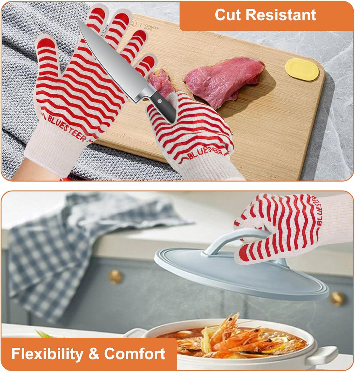 Oven Gloves 932°F Heat Resistant Oven Mitts with Fingers, Heat Proof BBQ Grill Gloves Silicone Grip