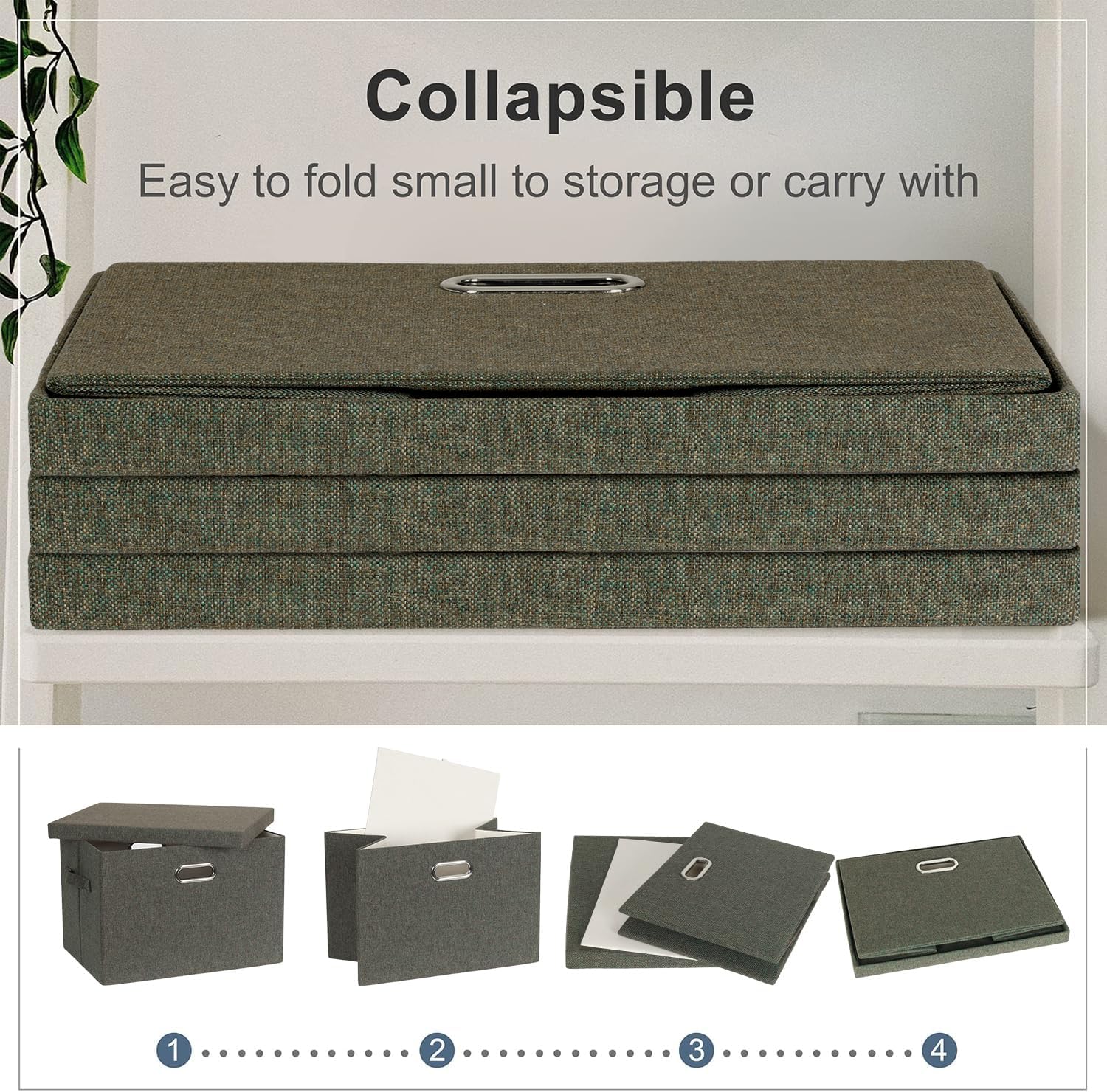 Large 17" 36 Quart Collapsible Stackable Storage Bins with Lids, 3 Packs Dark green Foldable Fabric
