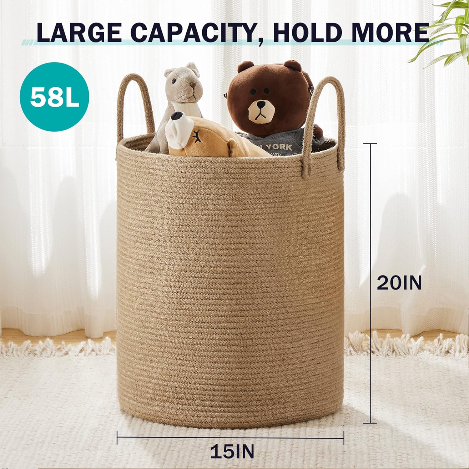 Jute Rope Laundry Hamper Basket by YOUDENOVA, 58L Tall Laundry Basket, Baby Nursery Hamper for