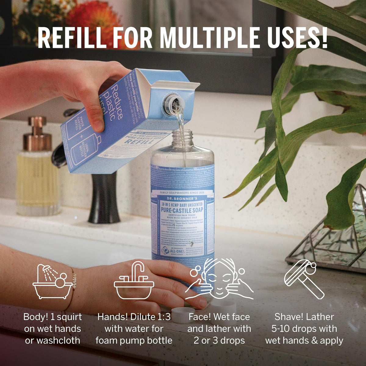 Dr. Bronner's Pure-Castile Liquid Soap Refill - Made with Regenerative Organic Certified Oils, 86%