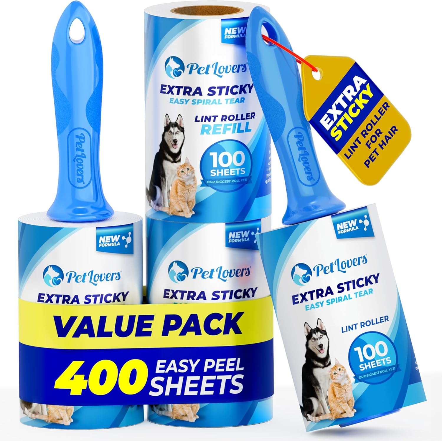 PetLovers Extra Sticky Lint Roller Ultimate Value Set 400 Sheets for Pet Hair Removal, Dog and Cat