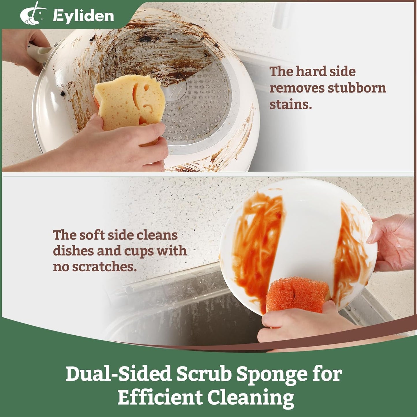 Eyliden 6 Pack Scrub Sponge - Dual-Sided, Smart-Temp Firmness, Dish Scrubber, Non-Scratch