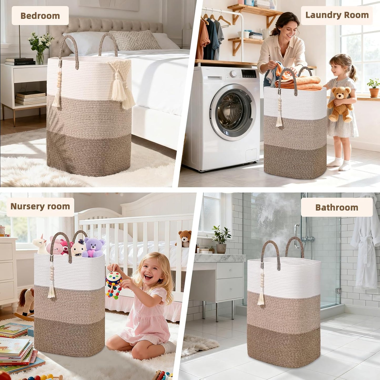 Woven Laundry Basket for Clothes,65 L Large Rectangle Laundry Hampers with Beads Tassel, Nursery