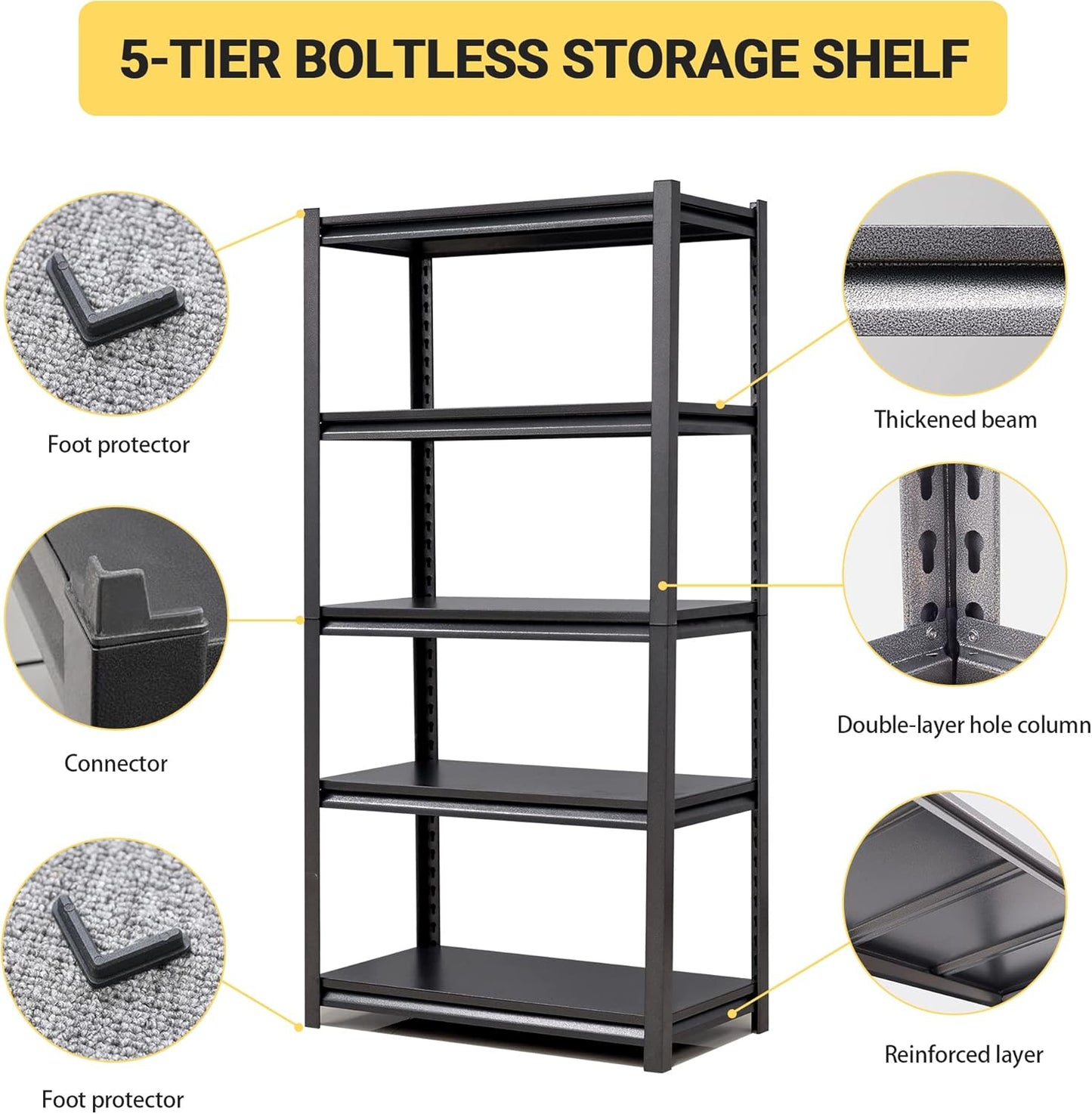 Heavy Duty Garage Shelving, Metal Storage Shelves, Adjustable 5 Tier Metal Shelving Unit