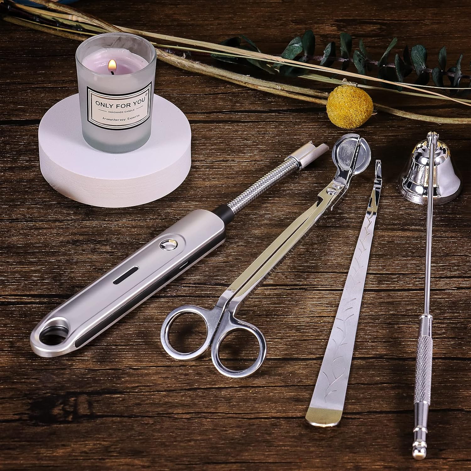 Lsnisni 4 in 1 Candle Accessory Set, Electric Lighter, Wick Cutter, Snuffer and Dipper, Steel Wick