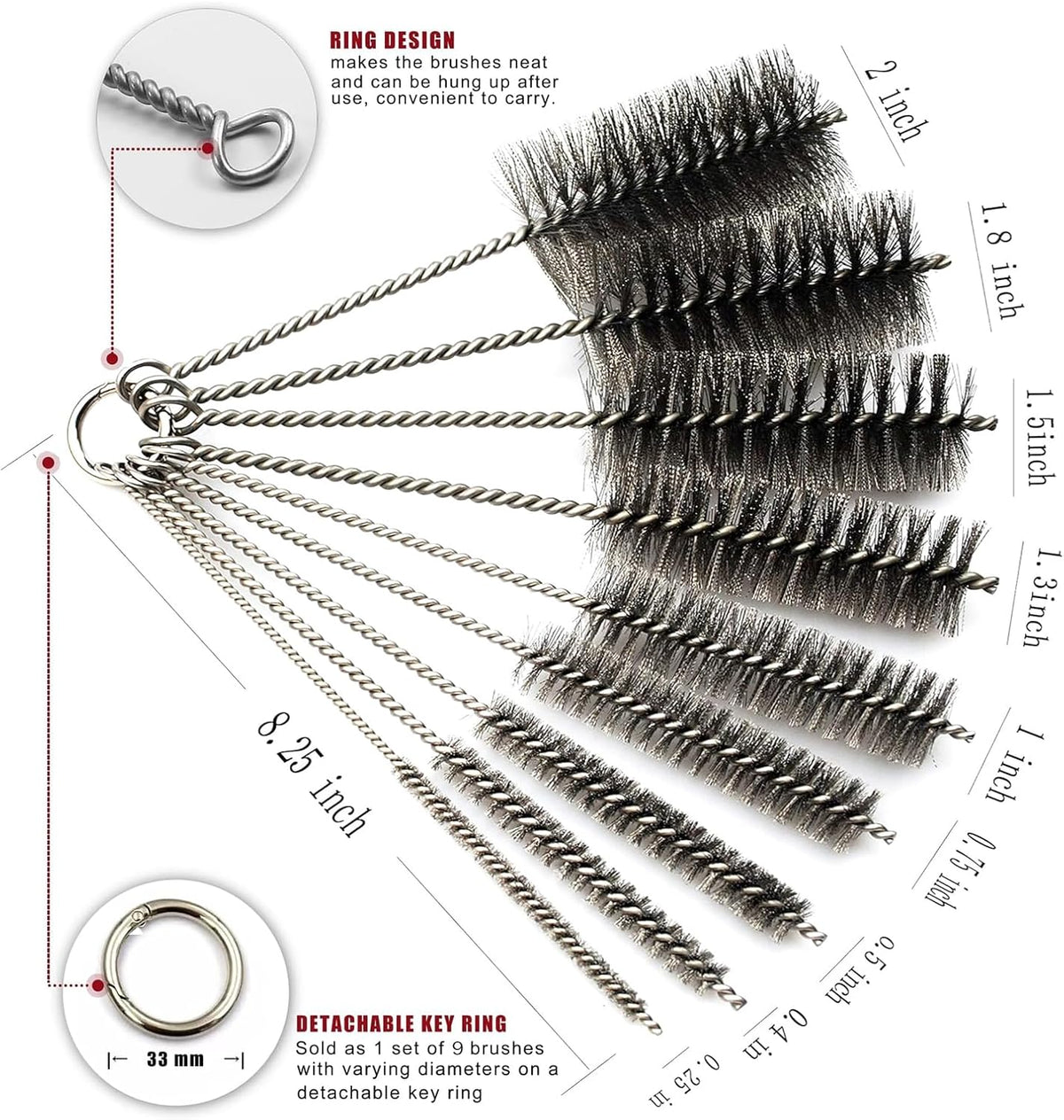 Pipe Cleaning Brush Set Stainless Steel Bristles, Stainless Steel Pipe Brush Steel Bottle Brush 9