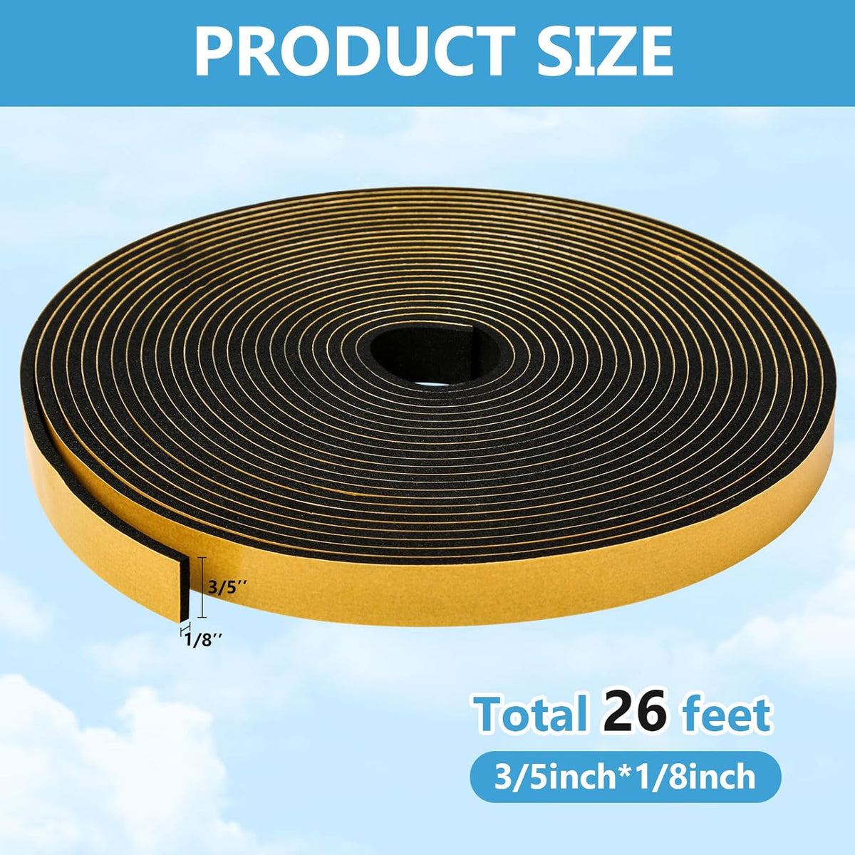 Black Weather Stripping Door Seal Strip (3/5 Inch X 1/8 Inch X 26Feet), Strong Adhesive
