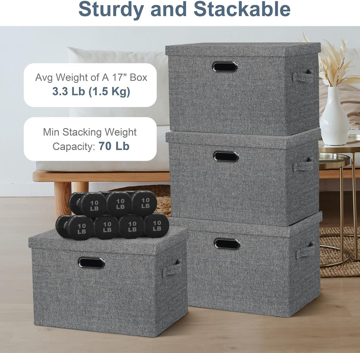 Large 17" 36 Quart Collapsible Stackable Storage Bins with Lids, 3 Packs Black and White Mix Linen