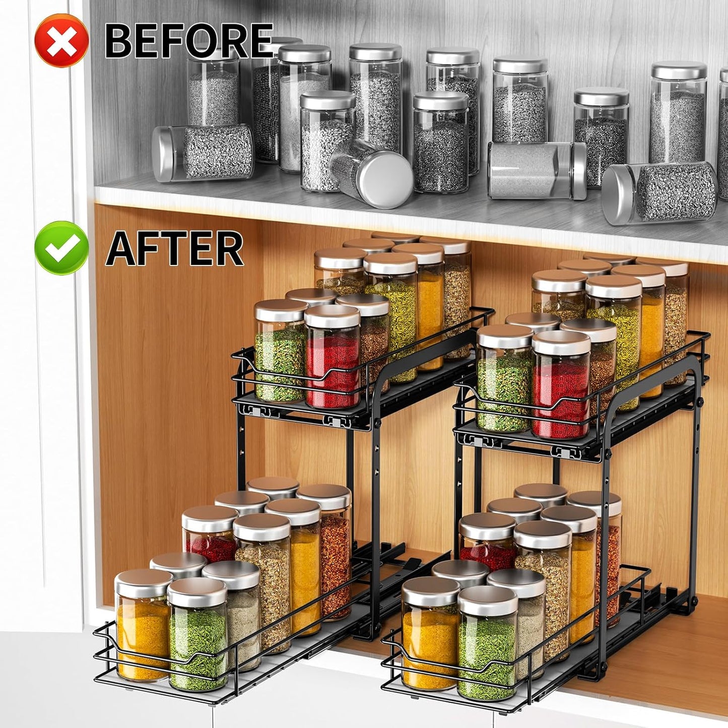 RCHYFEED Spice Organization for Cabinet, 2 Tier Pull Out Spice Rack for Seasoning Organizer, Height