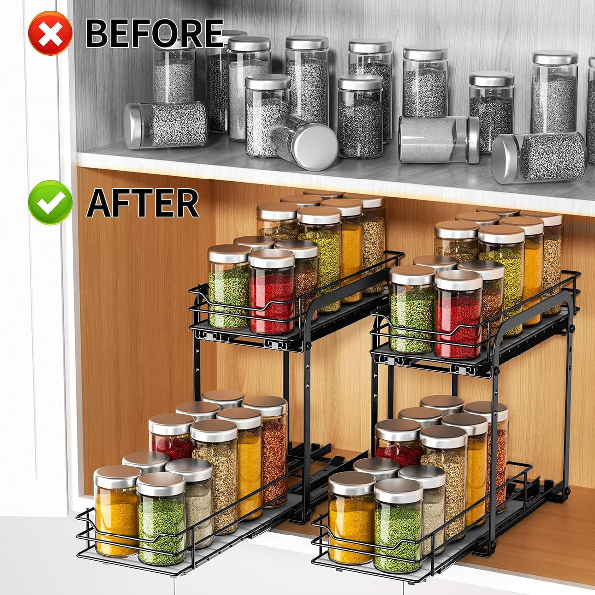 RCHYFEED Spice Organization for Cabinet, 2 Tier Pull Out Spice Rack for Seasoning Organizer, Height