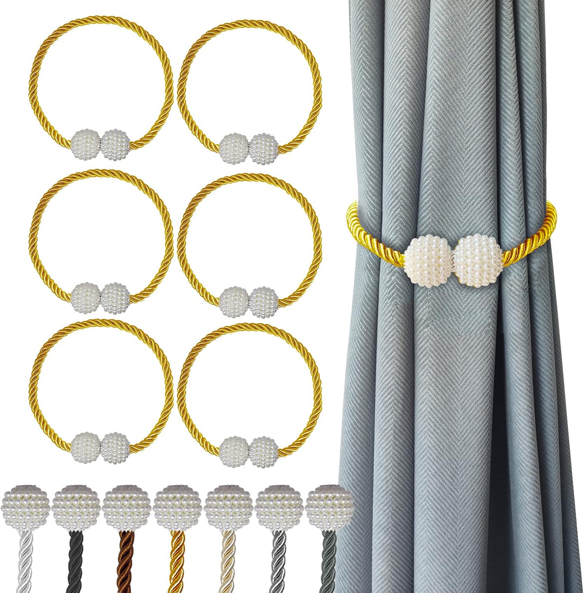 Hion Magnetic Curtain Tiebacks Golden 6 Pack, Curtain Tiebacks Buckles Holdbacks Holders Hooks Clip