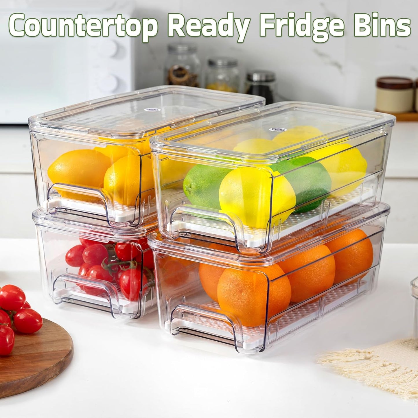 4 Pack Fridge Organizer Drawers, Stackable Pantry Organizers and Storage, Clear Pull-Out